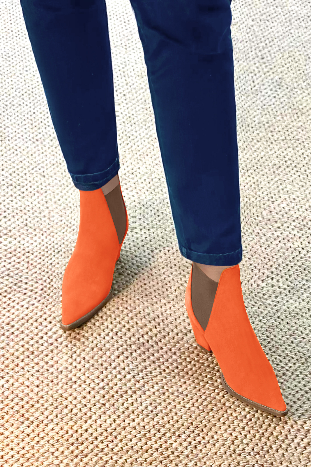 Clementine orange and taupe brown women's ankle boots, with elastics. Pointed toe. Medium cone heels. Top view - Florence KOOIJMAN